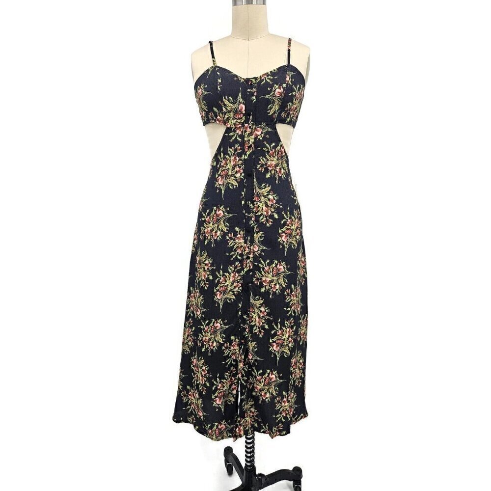New Flynn Skye Mallory Dress Womens XS Navy Blue Floral Rayon Cut Out Tie Back